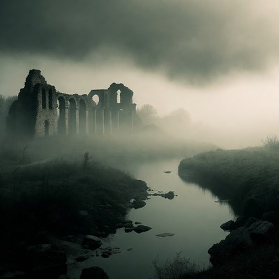 Ruins by the misty river