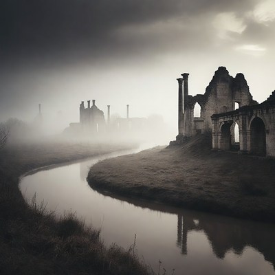 Ruins by the river in fog