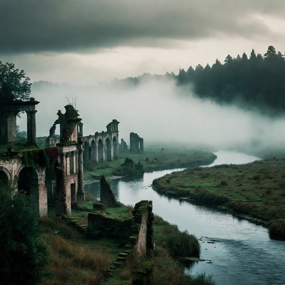 Ruins by the river in fog