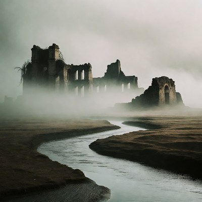 Ruins by the river under fog