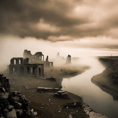 Ruins by the river in fog