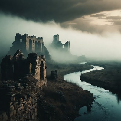 Ruins beside river in fog
