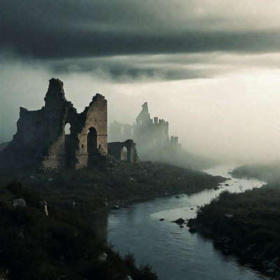 Ruins by the misty riverbank at dusk