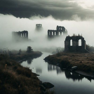 Ruins shrouded in fog at dawn
