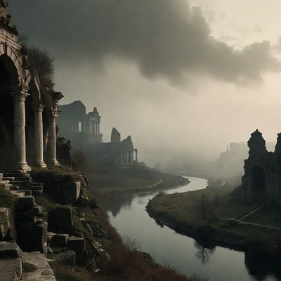Ruins beside a winding river in fog