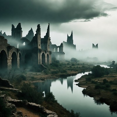 Ruins by the dark river under clouds