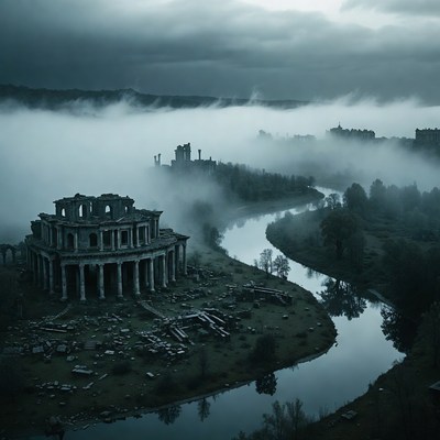 Ruins by the river in misty weather