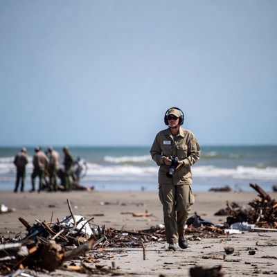 Person walking along beach collecting samples