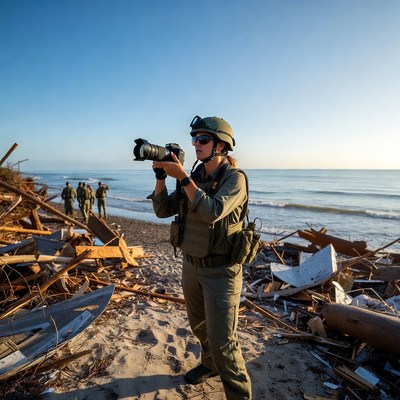Soldier filming on the beach during day
