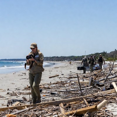 Beach cleanup crew working on shoreline