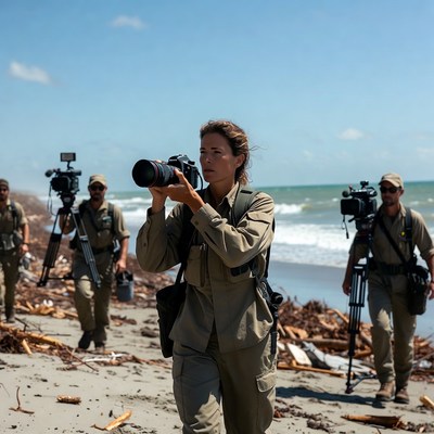 Photographers working on the beach