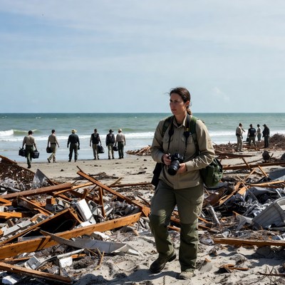 People walking on beach after storm