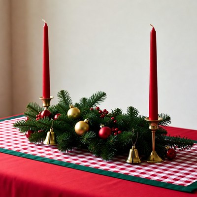 Red and green holiday table decor with candles