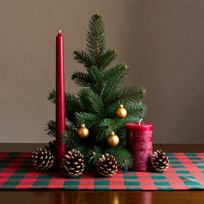 Holiday decoration with candles and pinecones