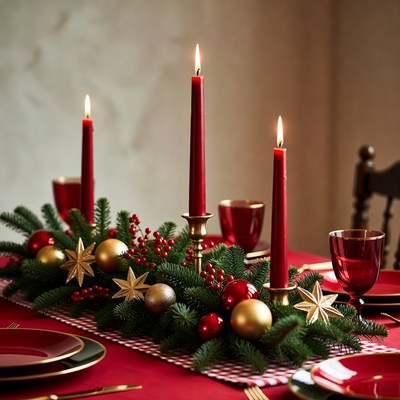 Holiday table with candles and decorations