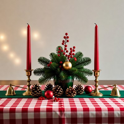 Holiday table setting with candles and decor