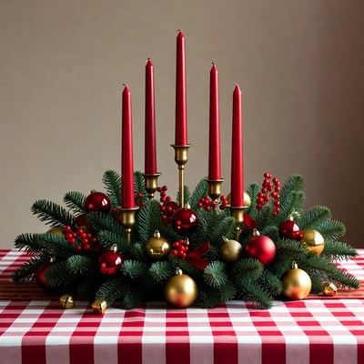 Holiday candle arrangement on a table