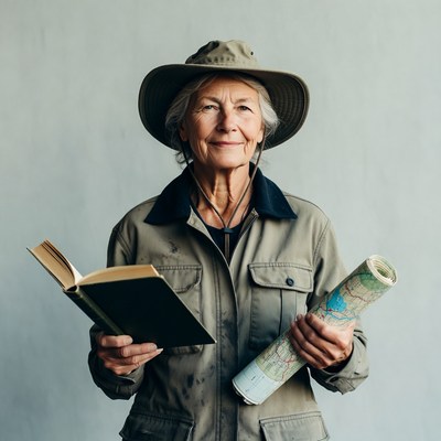 Elderly woman planning outdoor adventure