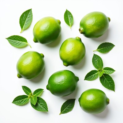 Fresh limes with green leaves on white surface