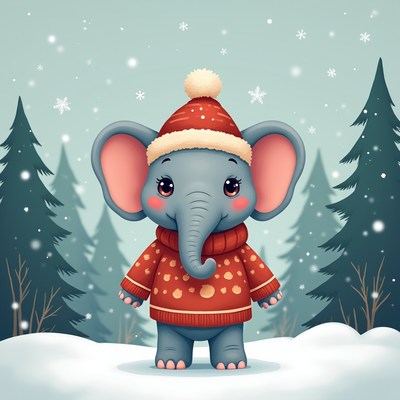 Elephant in winter sweater with snow