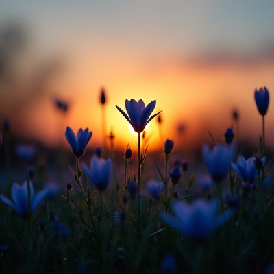 Flowers bloom at sunset in the field