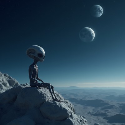 Alien sitting on moon rock