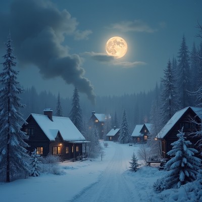 Moonlit night in a snowy village