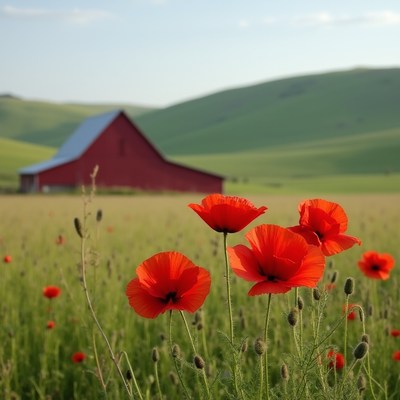 Red poppies in farm field