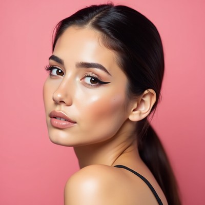 Model posing against a pink background