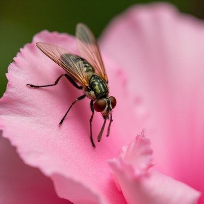 Fly resting on pink flower petal