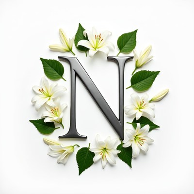 Letter n surrounded by flowers and leaves