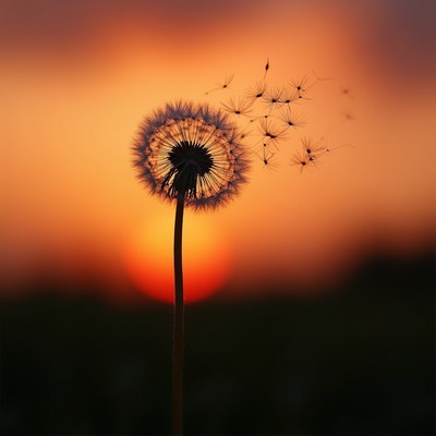 Dandelion seeds flying at sunset