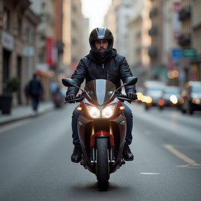 Motorcyclist rides through city street during day