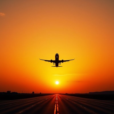 Sunset flight over the runway