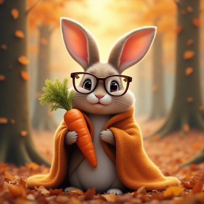 Rabbit with carrot in autumn forest