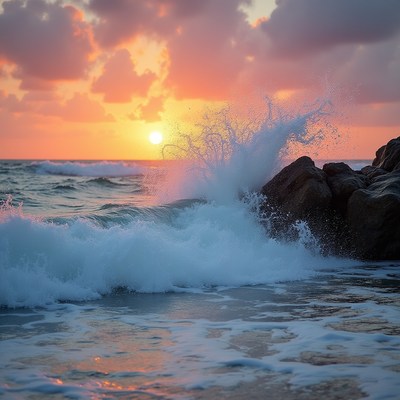 Waves crashing at sunset