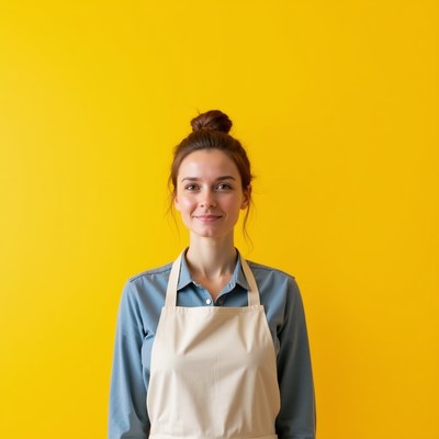 Woman standing in front of yellow wall