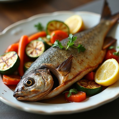 Fresh fish with vegetables on plate