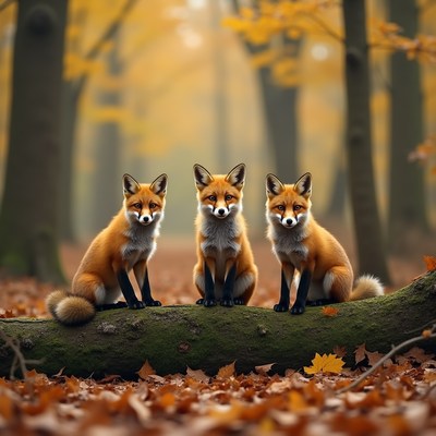 Three foxes in autumn forest