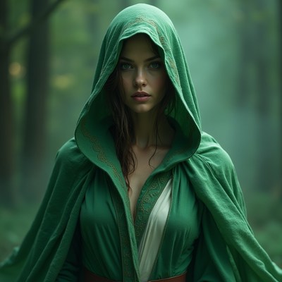 Woman in green cloak in forest