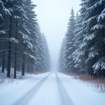 Snowy forest road in winter