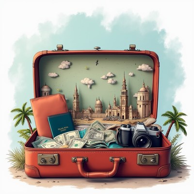 Travel suitcase with city scene inside