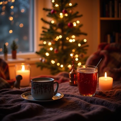 Warm drinks by the christmas tree