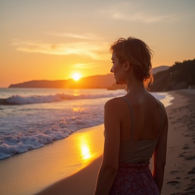 Woman watching sunset by the beach