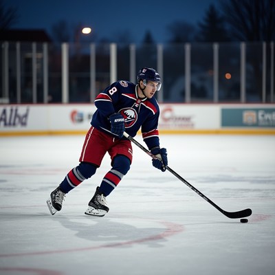 Player skates on outdoor ice rink