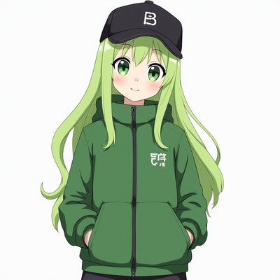 Girl in green hoodie and cap