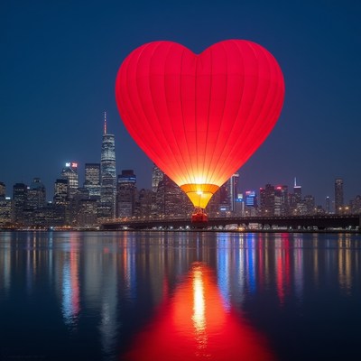 Heart-shaped balloon over city skyline