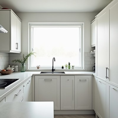 Modern kitchen with natural light and plants