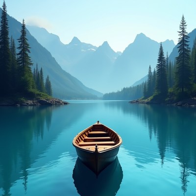 Boat on calm lake in mountains