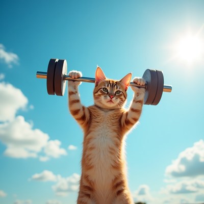 Cat lifting weights in sunny sky